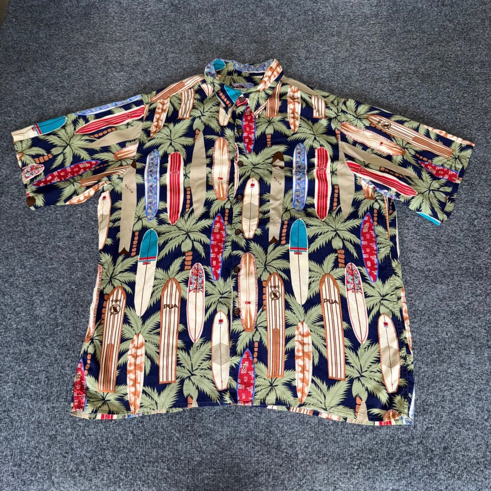 Reyn Spooner Hawaiian Shirt Mens Large Rayon Surfboard Palm Tree Aloha Beach